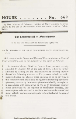 of Cohasset, petition relative to the use of two number plates on