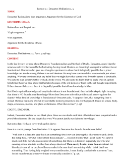 Lecture 7.1 Descartes Meditation 2, 3. TOPIC: Descartes
