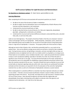 GUTS Lecture Syllabus for Lipid Structure and Nomenclature