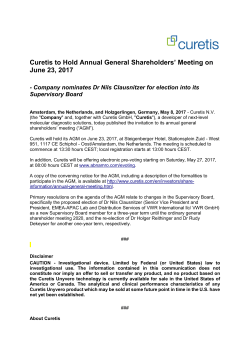 Curetis to Hold Annual General Shareholders` Meeting on June 23