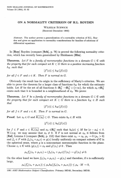 ON A NORMALITY CRITERION OF H.L. ROYDEN Proof. Let z0 E G