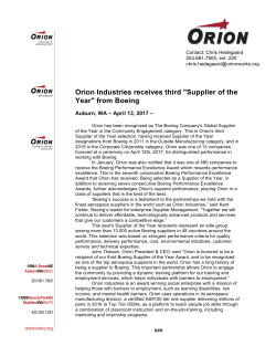 Orion Industries receives third "Supplier of the Year" from Boeing