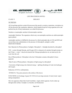 LIFE PROCESSESS (NOTES) CLASS: X BIOLOGY NUTRITION All