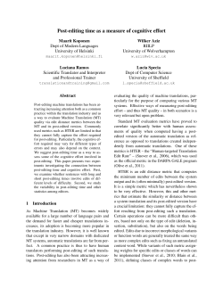 Post-editing time as a measure of cognitive effort