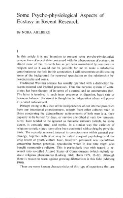 Some Psycho-physiological Aspects of Ecstasy in Recent Research