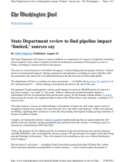 State Department review to find pipeline impact `limited,` sources say