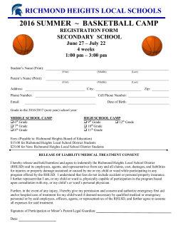 Summer Basketball Camp Secondary Registration Form 2016