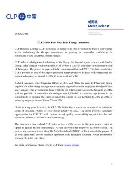 20 June 2016 CLP Makes First India Solar Energy