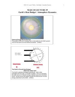 MAR 110 LECTURE #9 Earth`s Heat Budget / Atmosphere Dynamics