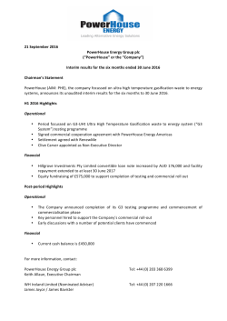 21 September 2016 PowerHouse Energy Group plc (&ldquo;PowerHouse