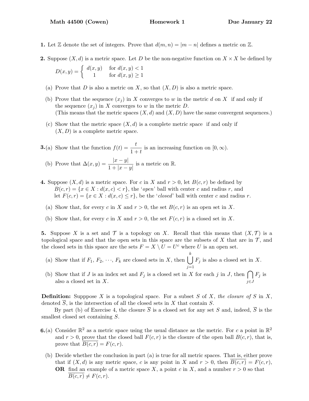 Math Cowen Homework 1 Due January 22 1 Let Z Denote