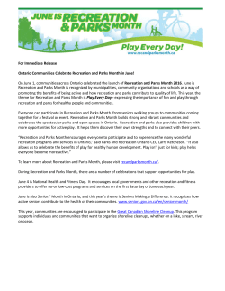 For Immediate Release Ontario Communities Celebrate Recreation