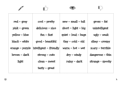 red – gray pink – green yellow – blue black – white orange – purple