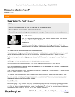 Class Action Litigation Report&reg; Sugar Suits: The Next Tobacco?