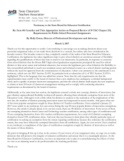 Testimony to the State Board for Educator Certification Re: Item #6