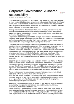 Corporate Governance: A shared responsibility Monday, 19