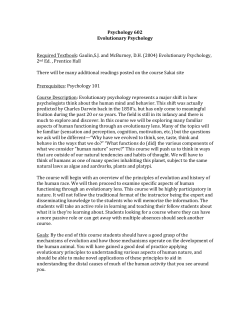 Psychology 602 Evolutionary Psychology Required Textbook