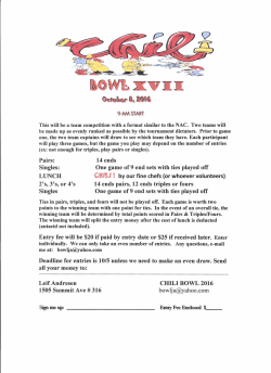 Pairs: Singles: LUNCH 14 ends One game of 9 end sets with ties