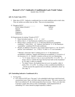 Bennett`s Ch 7: Indicative Conditionals Lack Truth Values