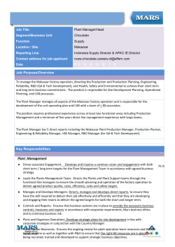 Job Purpose/Overview Key Responsibilities Plant Management