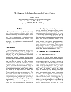 Modeling and Optimization Problems in Contact Centers