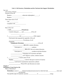 Unit 4: Cell Structure, Metabolism and the Nutrients that Support