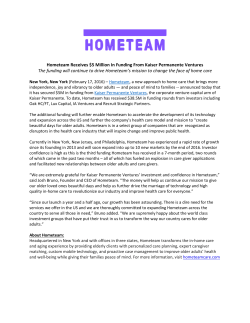 February 17, 2016 Hometeam Receives $5 Million In Funding From