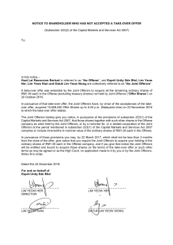 NOTICE TO SHAREHOLDER WHO HAS NOT ACCEPTED A TAKE