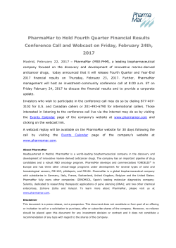PharmaMar to Hold Fourth Quarter Financial Results Conference