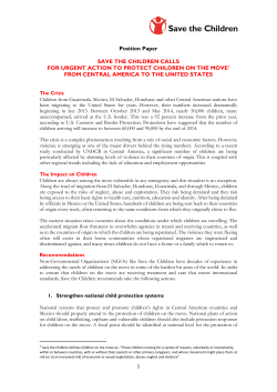 Position Paper SAVE THE CHILDREN CALLS FOR URGENT