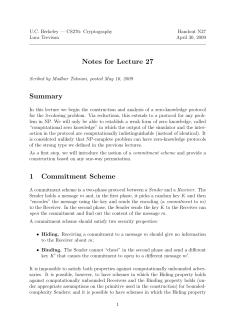 Notes for Lecture 27 Summary 1 Commitment Scheme