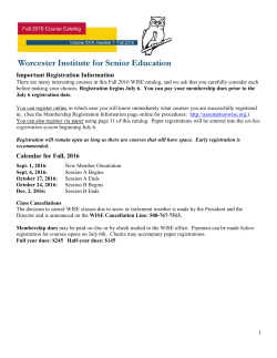 Important Registration Information Calendar for Fall, 2016