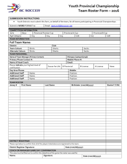 2016 Youth Provincial Cup - team roster form