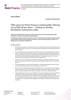 Offer price for Hoist Finance`s initial public offering set at