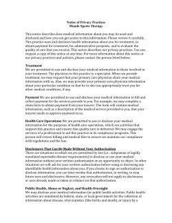 Notice of Privacy Practices Mondo Sports Therapy This notice