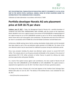 Portfolio developer Noratis AG sets placement price at EUR 18.75