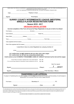 SINGLE PLAYER REGISTRATION FORM SURREY COUNTY