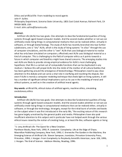 Ethics and artificial life: From modeling to moral agents John P