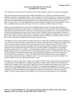 College-Article 1 The Case for Working with Your Hands By Matthew