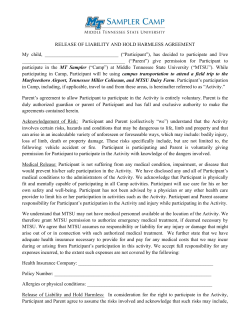 RELEASE OF LIABILITY AND HOLD HARMLESS AGREEMENT My