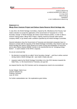 Statement re: Mkuju River Uranium Project and Selous Game