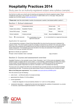 Hospitality Practices 2014: Sample study plan