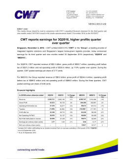 CWT reports earnings for 3Q2016, higher profits quarter over quarter