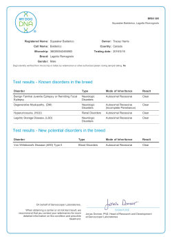 Test results - Known disorders in the breed Test