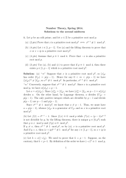 Number Theory, Spring 2014. Solutions to the second midterm 1. Let