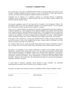 Consumer Complaint Policy - Banker`s Compliance Consulting
