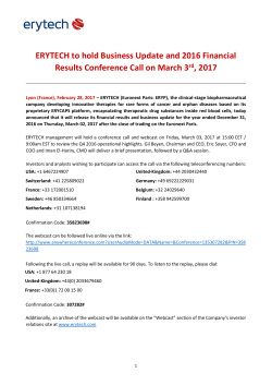 ERYTECH to hold Business Update and 2016 Financial Results