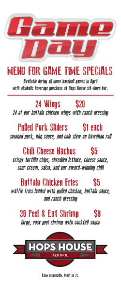 menu for game time specials