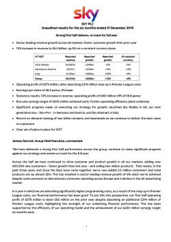 SKY PLC Unaudited results for the six months