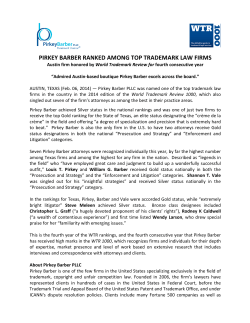 PIRKEY BARBER RANKED AMONG TOP TRADEMARK LAW FIRMS